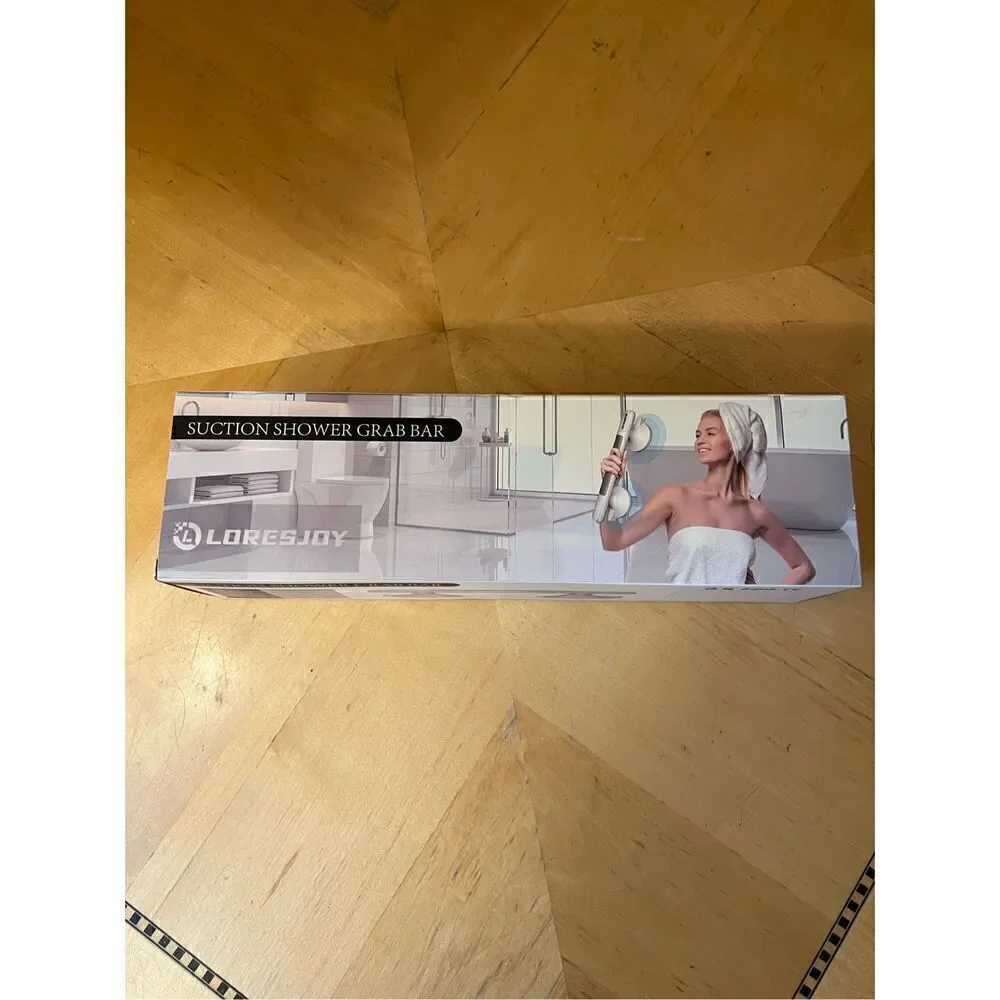 New in Box! Loresjoy White Gray Suction Shower Grab Bar
